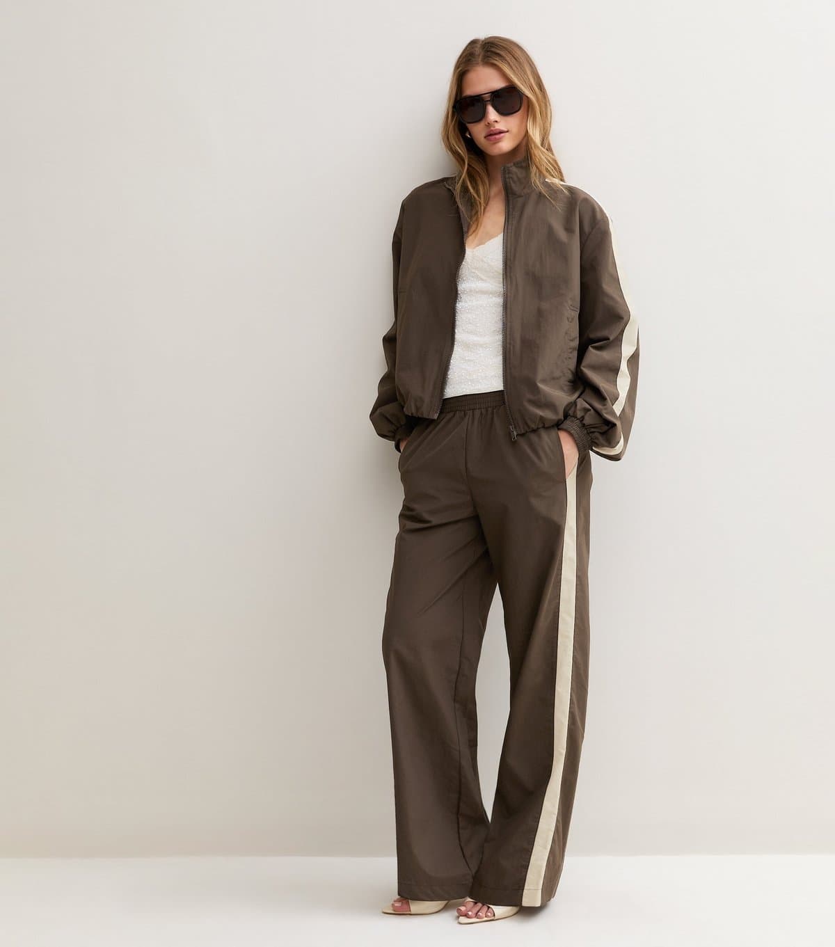New Look Women's Brown Windbreaker Side Strip Wide Leg Joggers New Look