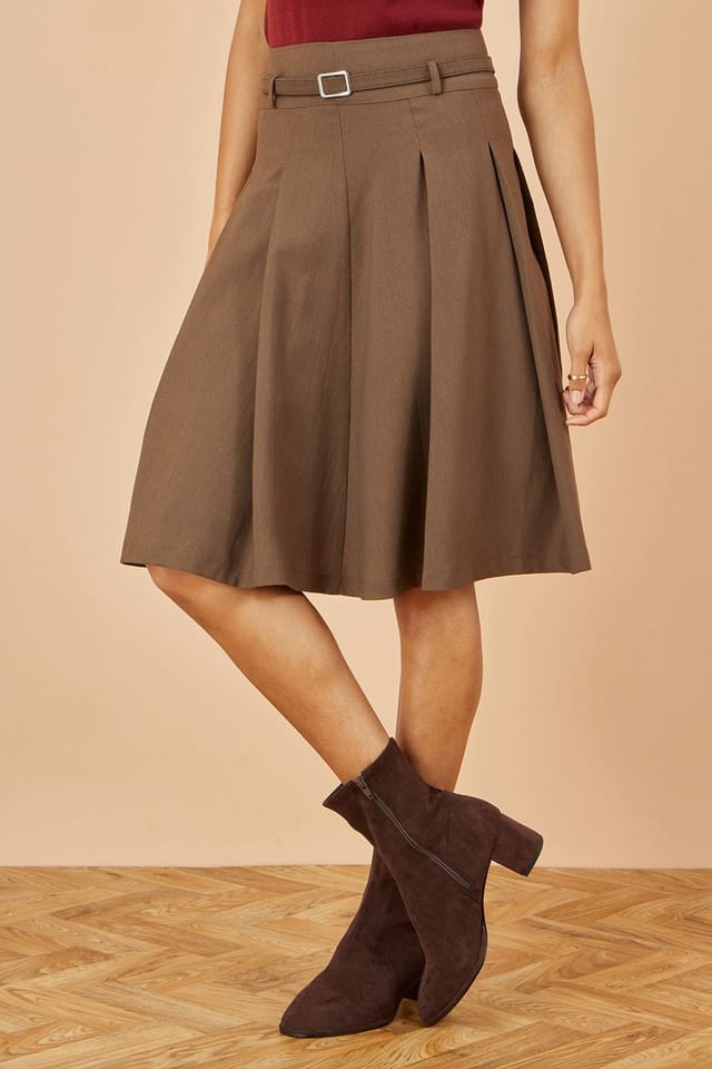 Yumi Yumi Women's Brown Pleated Midi Skirt With Matching Belt - 2