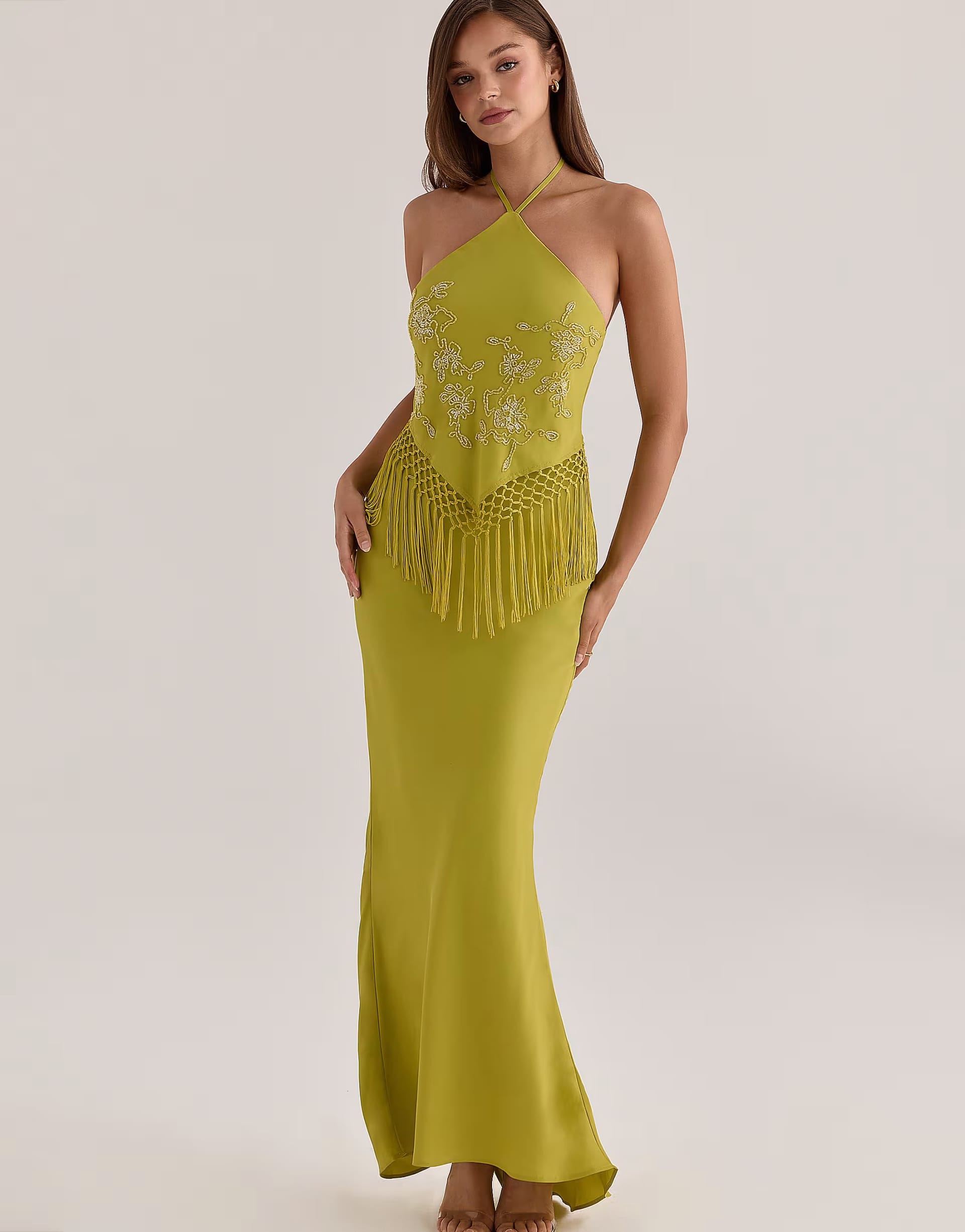 ASOS Neon Lime Satin Embellished Fringed Maxi Dress