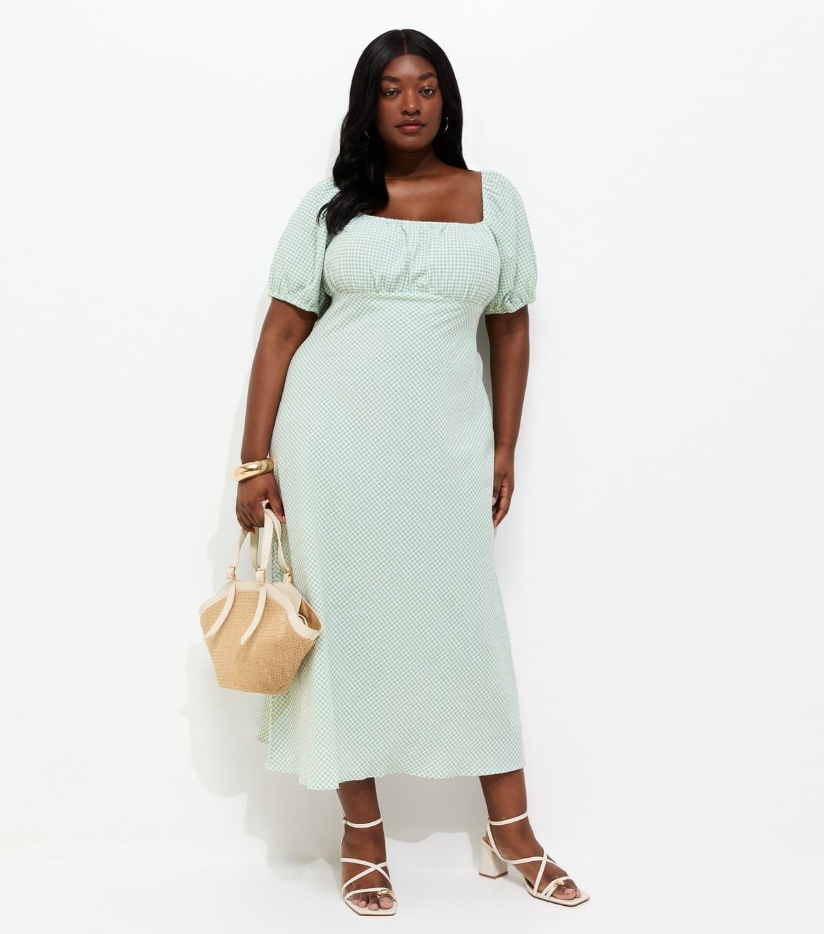 New Look Women's Plus Size Green Gingham Milkmaid Midi Dress Curves New Look