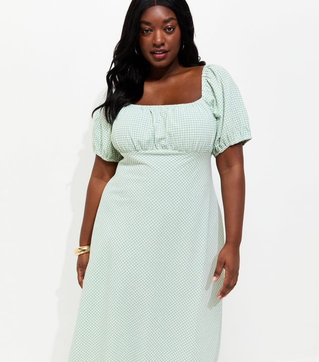 New Look Women's Plus Size Green Gingham Milkmaid Midi Dress Curves New Look - 2