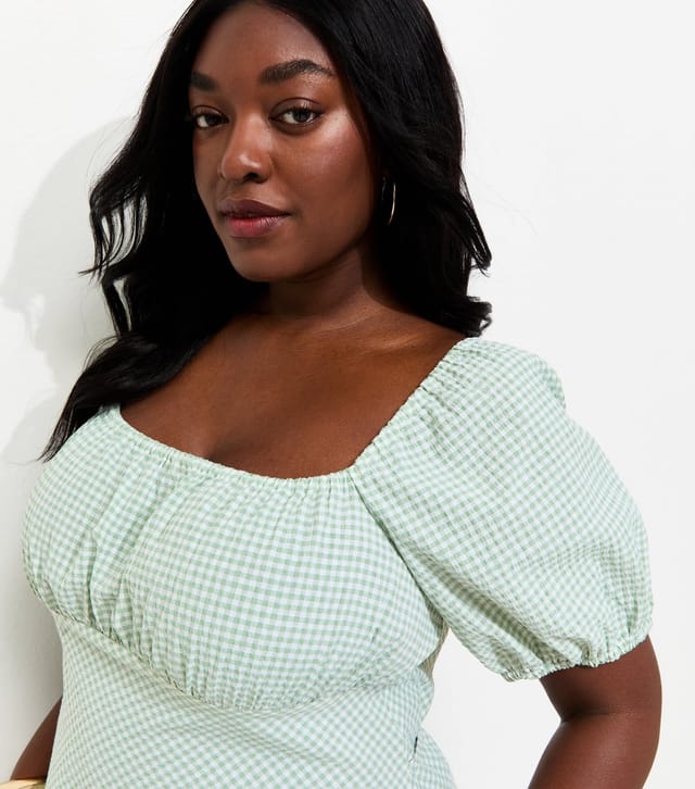 New Look Women's Plus Size Green Gingham Milkmaid Midi Dress Curves New Look - 3