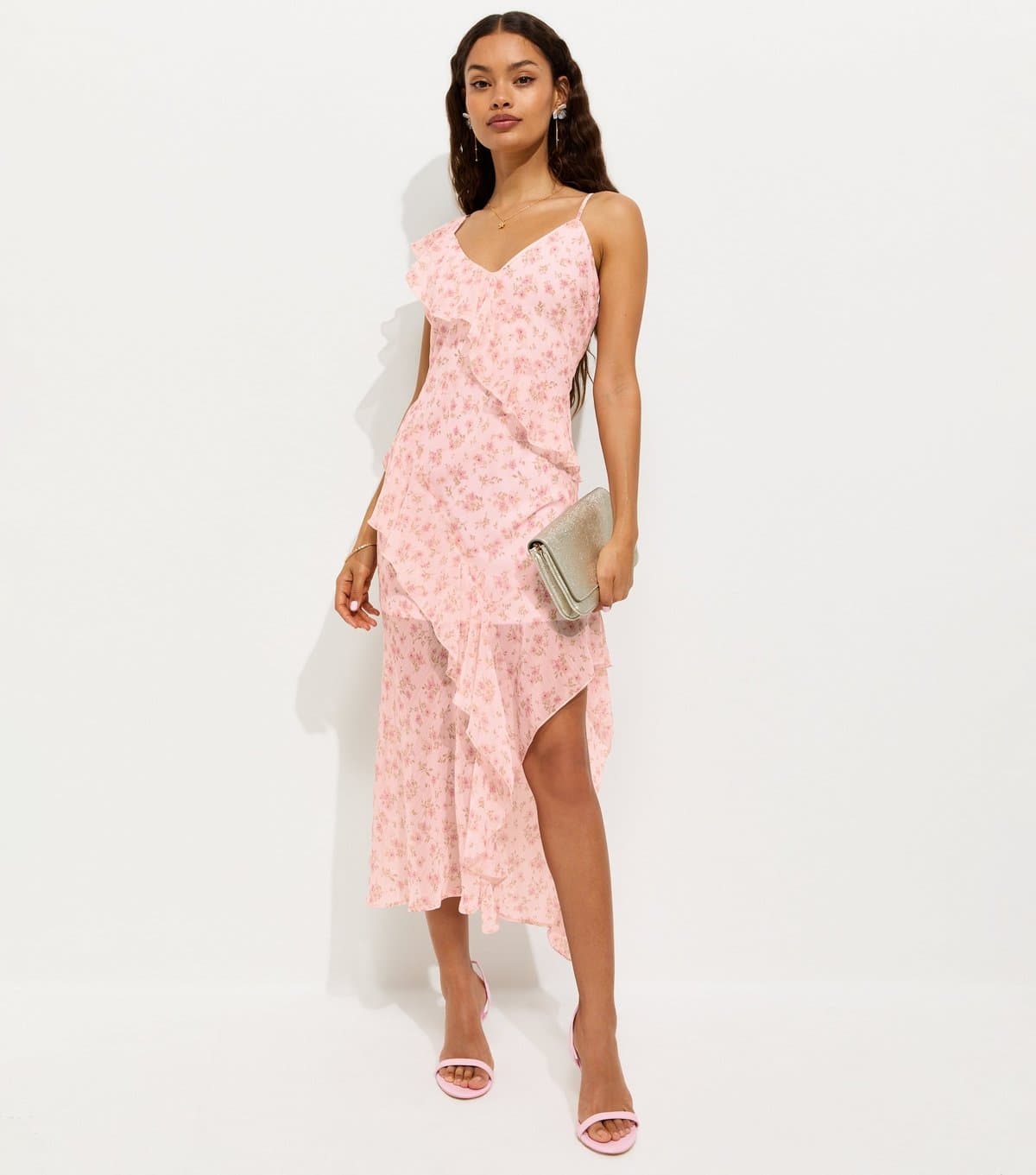 New Look Women's Petite Pink Floral Print Chiffon Ruffle Trim Midi Dress New Look
