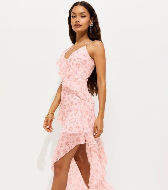 New Look Women's Petite Pink Floral Print Chiffon Ruffle Trim Midi Dress New Look - 2