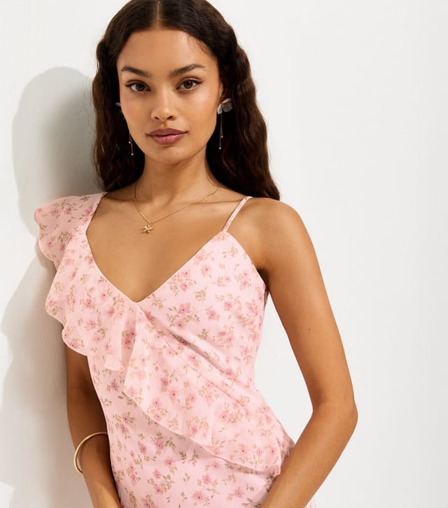 New Look Women's Petite Pink Floral Print Chiffon Ruffle Trim Midi Dress New Look - 3