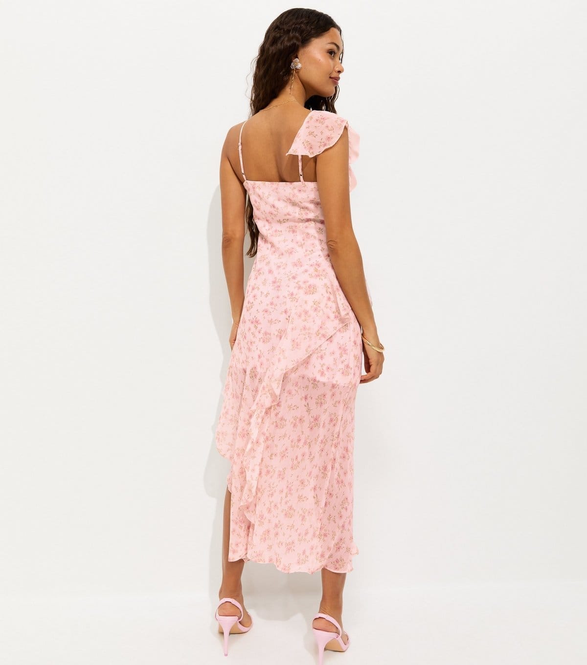 New Look Women's Petite Pink Floral Print Chiffon Ruffle Trim Midi Dress New Look - 4
