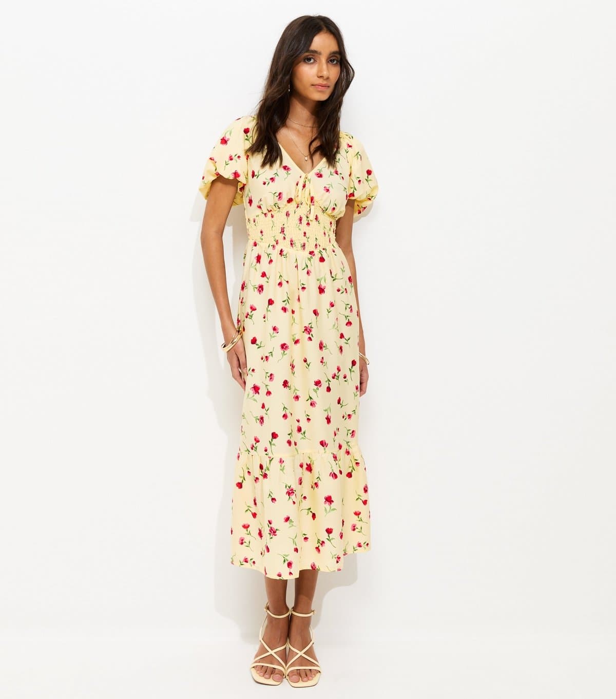 New Look Women's Light Yellow Crepe Ditsy Puff Sleeve Shirred Waist Midi Dress New Look