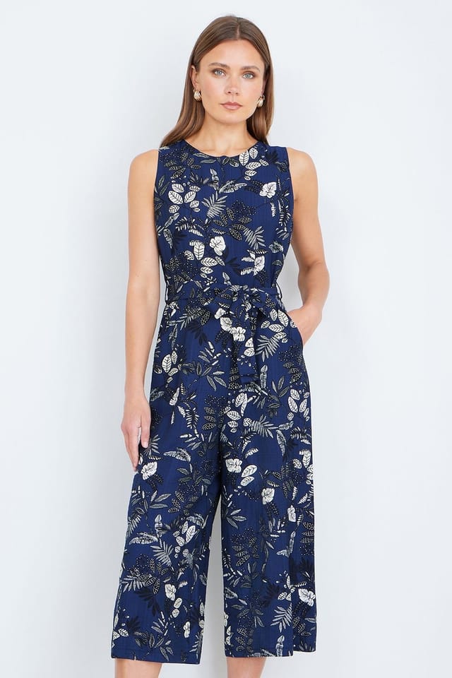 Yumi Yumi Women's Leaf Print Jumpsuit With Pockets in Navy - 2