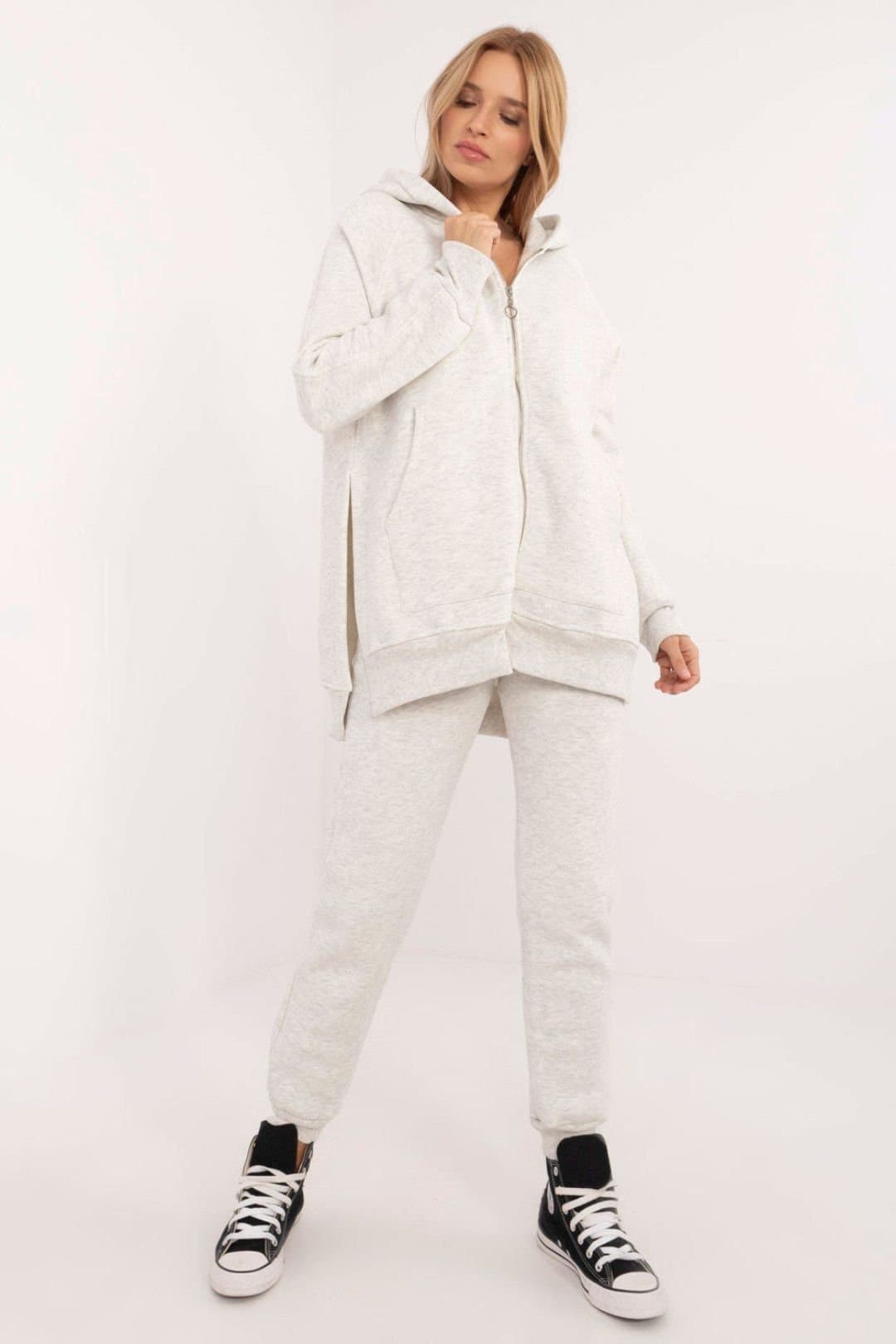 Love Lace Love Lace Women's Cotton Elastane Zip Hood Tracksuit Set in Grey