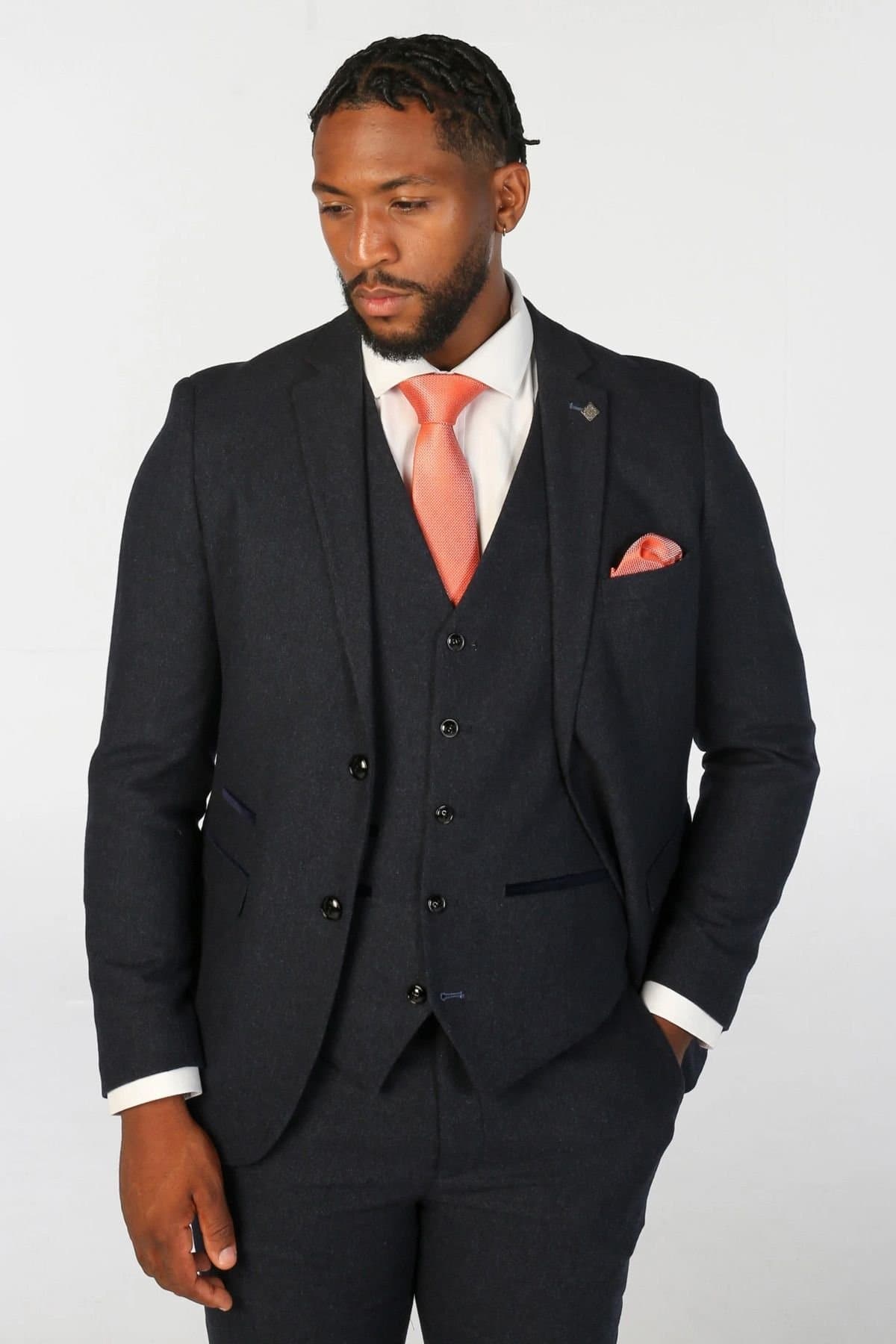 Paul Andrew Paul Andrew Men's 3 Piece Suit Wool Blend Tweed Tailored Fit Formal Dress in Navy
