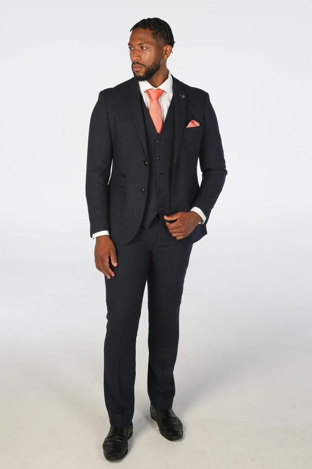 Paul Andrew Paul Andrew Men's 3 Piece Suit Wool Blend Tweed Tailored Fit Formal Dress in Navy - 2