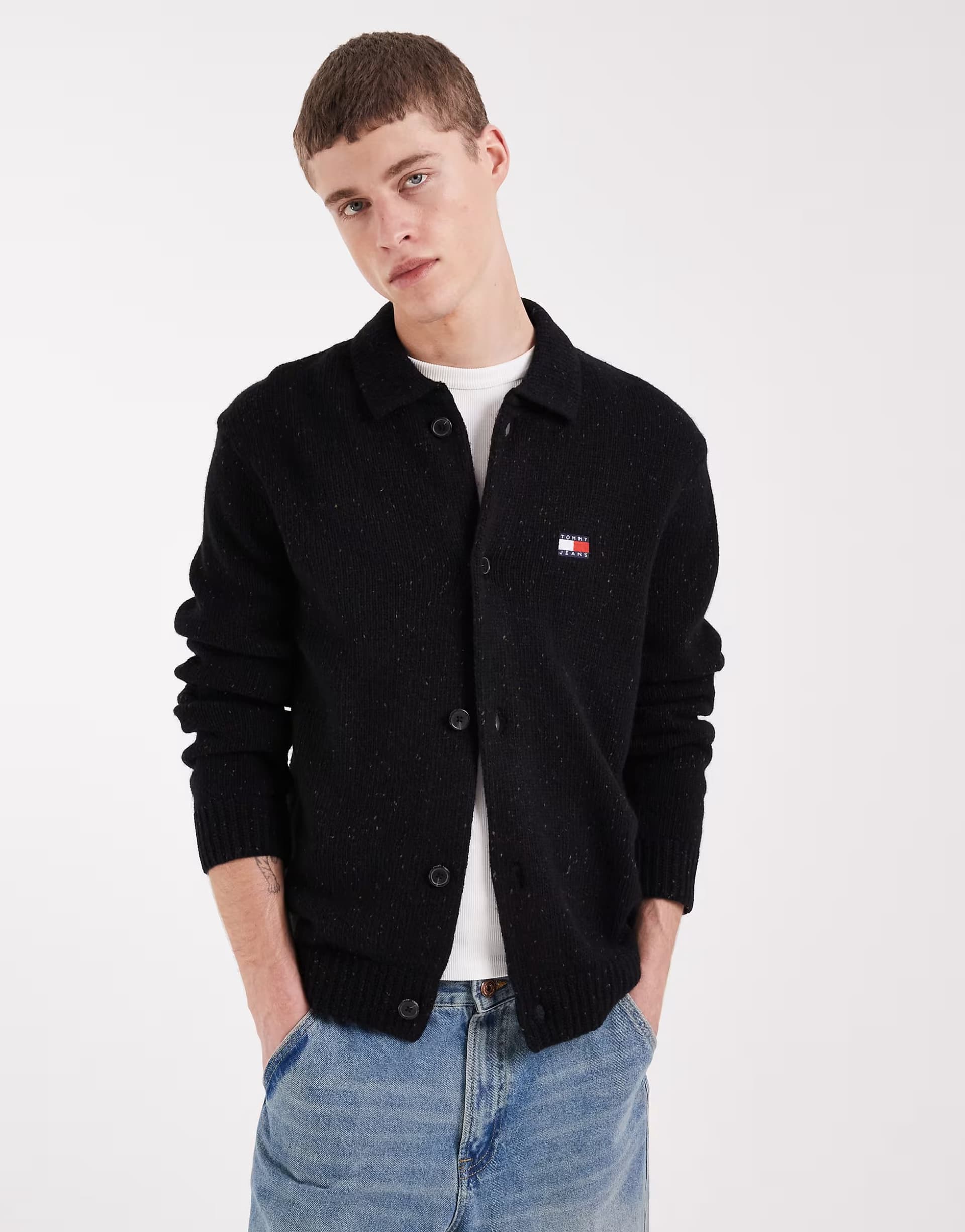 ASOS Tommy Jeans logo knitted overshirt in black