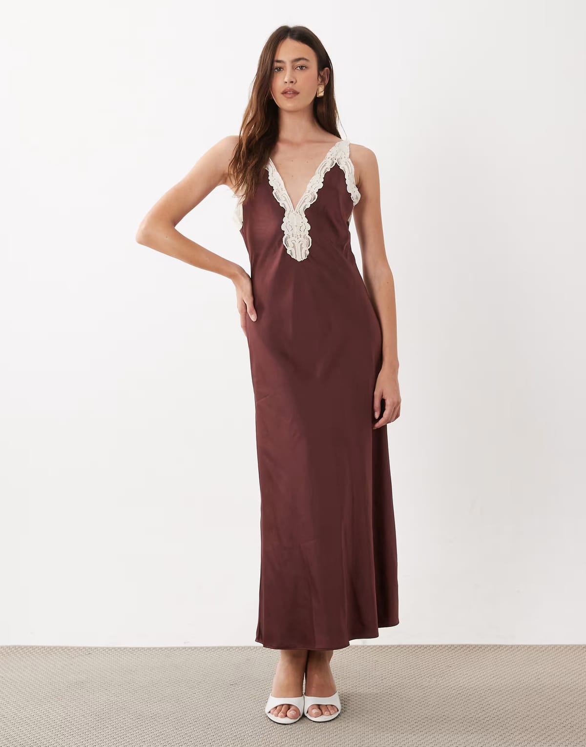 ASOS Mango sleeveless satin midi dress with lace trim in rose - 1