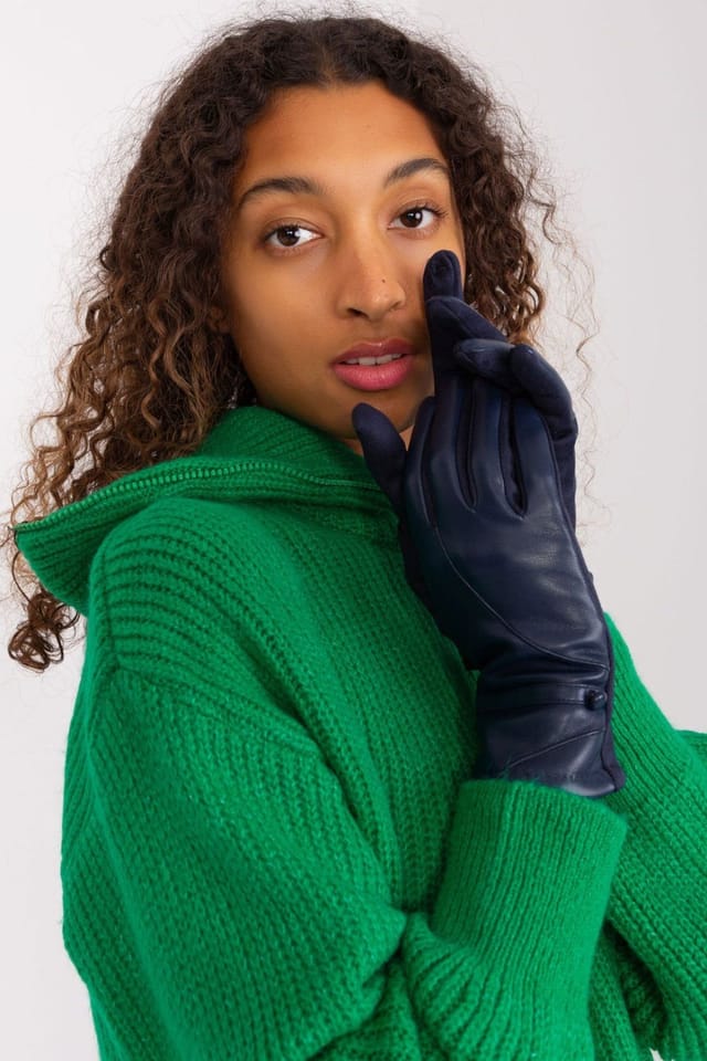Love Lace Love Lace Women's Elegant Two Material Touchscreen Gloves with Button Straps & Flower in Blue - 2