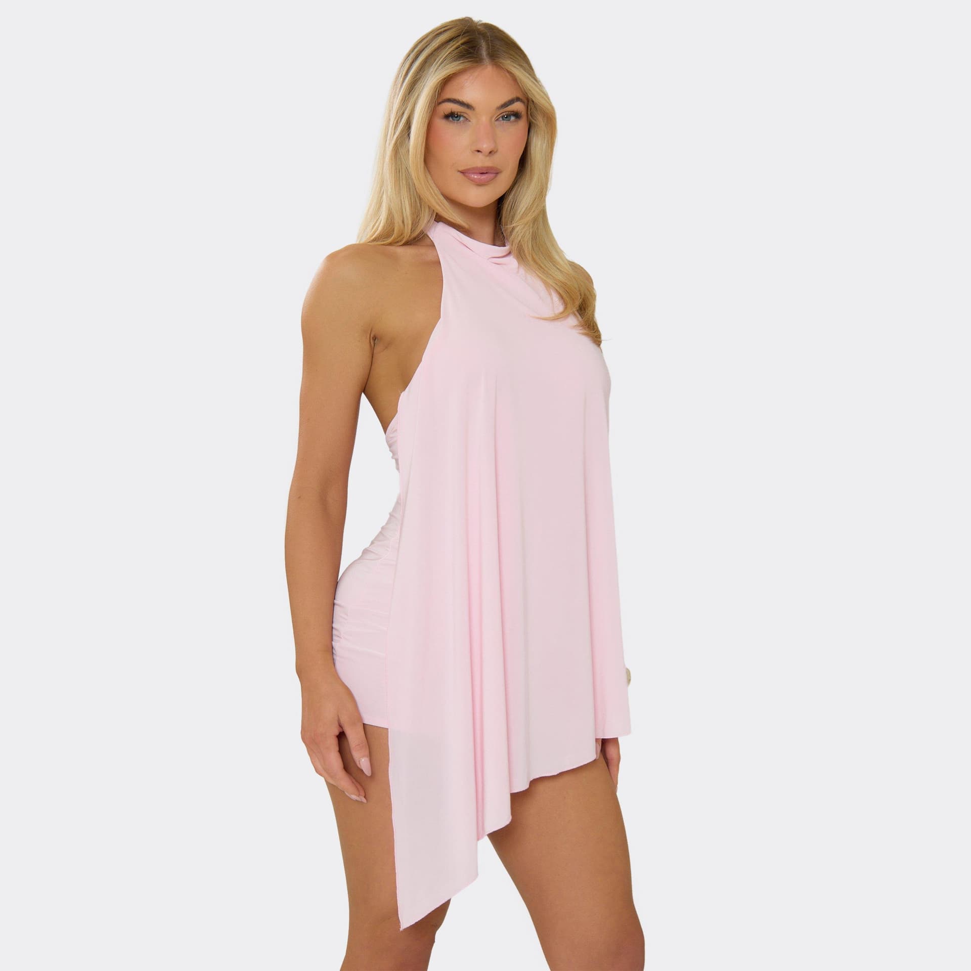 EGO High Neck Asymmetric Drape Detail Playsuit In Baby Pink, Women's Size UK 6