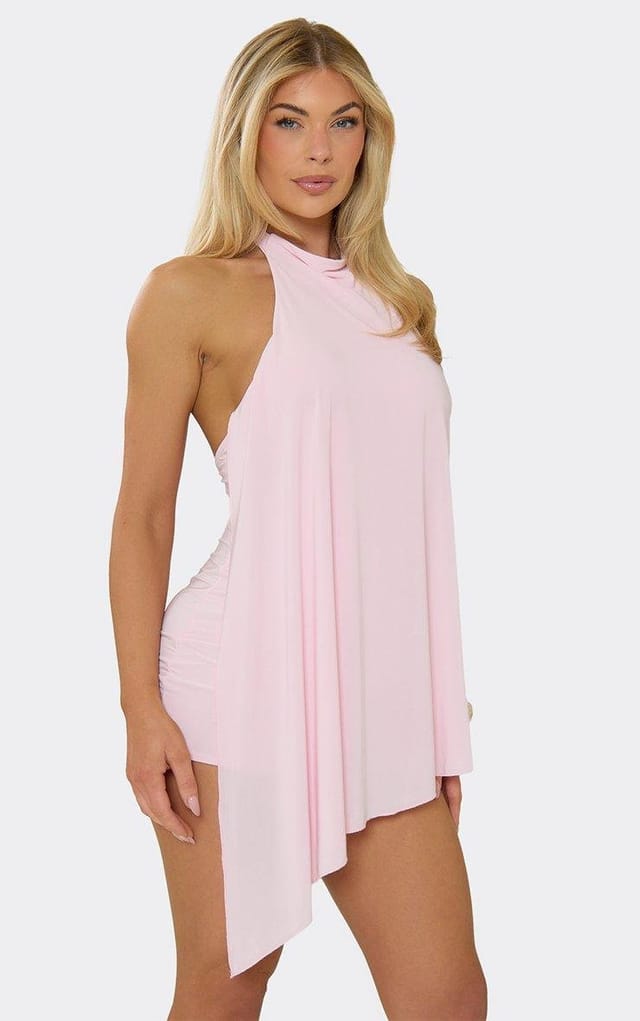 EGO High Neck Asymmetric Drape Detail Playsuit In Baby Pink, Women's Size UK 6 - 2