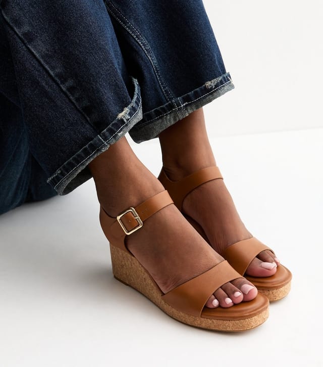 New Look Women's Brown Faux Leather Cork Wedge Sandals Vegan New Look - 2