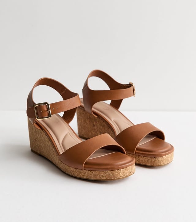 New Look Women's Brown Faux Leather Cork Wedge Sandals Vegan New Look - 3