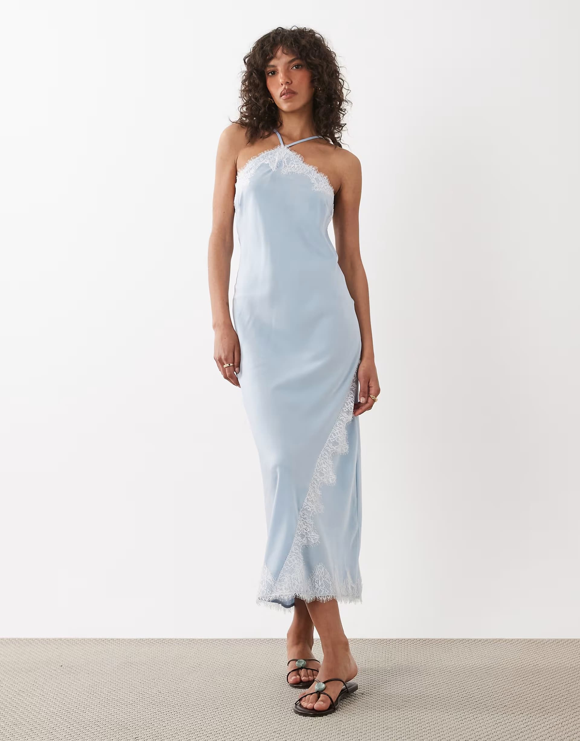 ASOS New Look asymmetric halterneck satin lace midi dress in blue