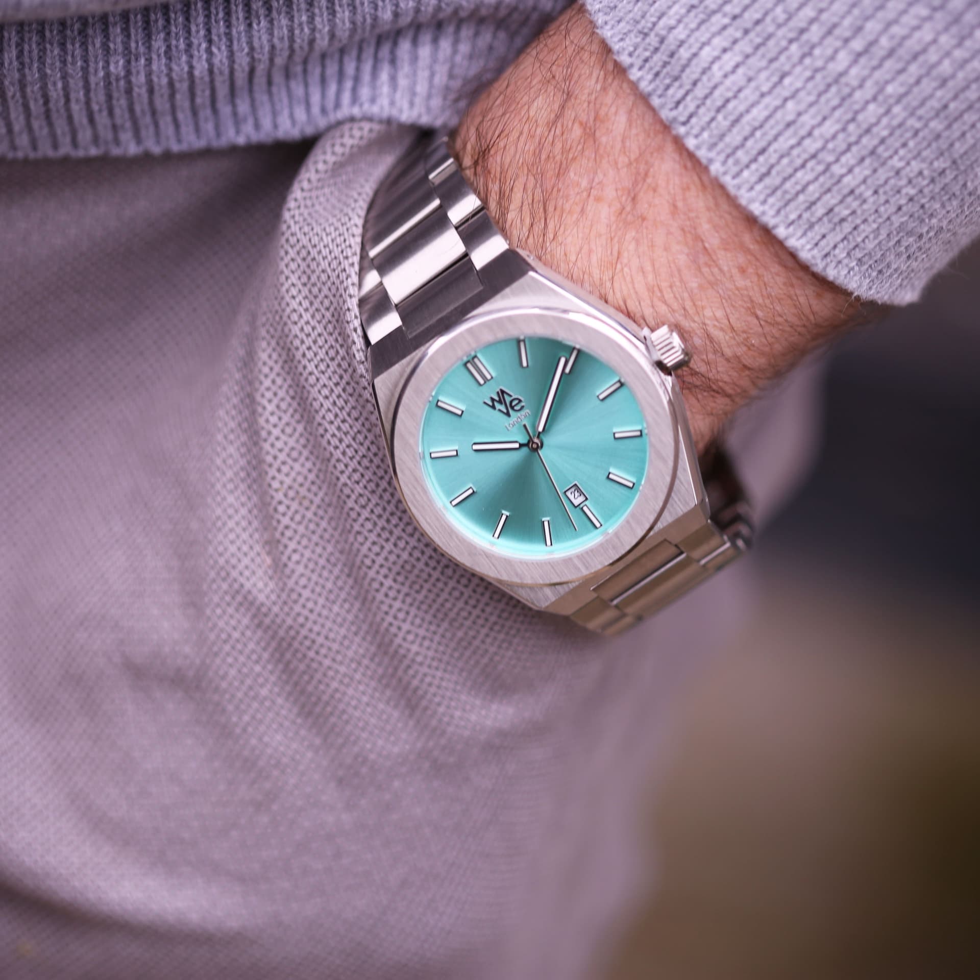 Wear We Met Wear We Met Men's Personalised Wave Watch - Engraved in Duck Egg Blue