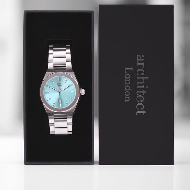 Wear We Met Wear We Met Men's Personalised Wave Watch - Engraved in Duck Egg Blue - 3