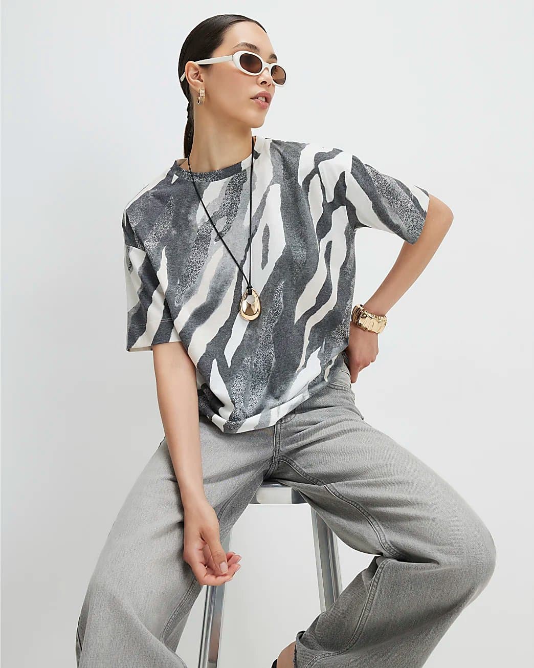 River Island River Island Womens Grey Zebra Print Boxy T-Shirt