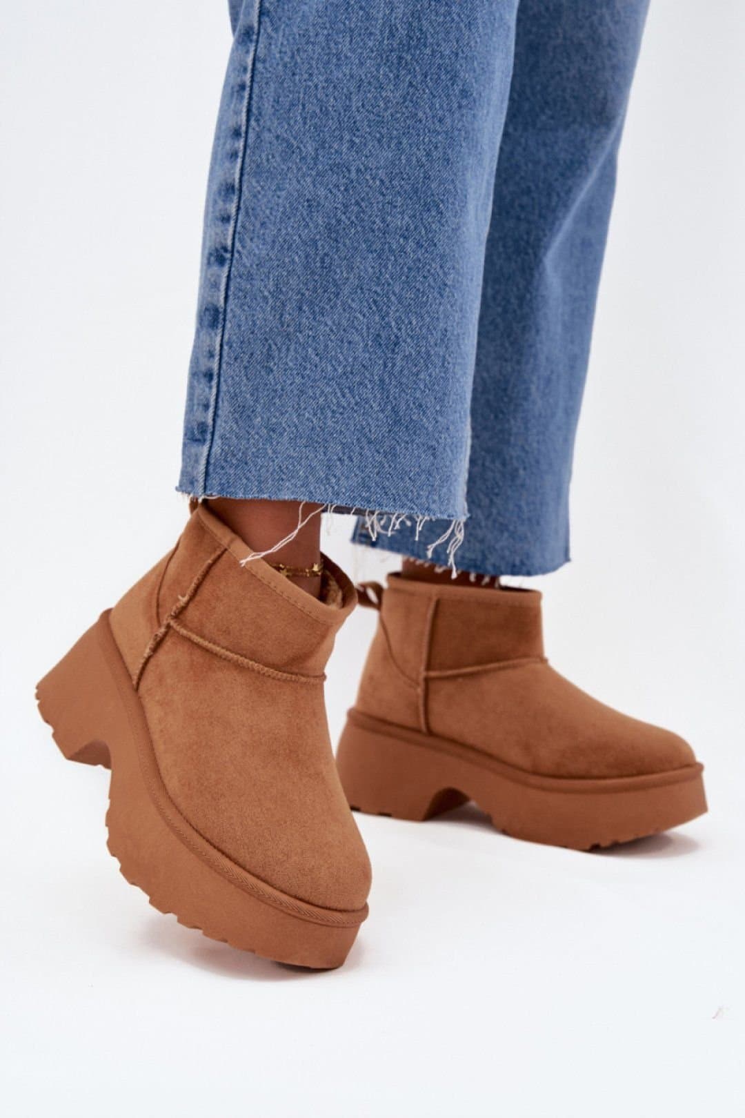Love Lace Love Lace Women's Suede Slip On Snow Boots with Faux Fur Lining Platform Heel in Brown