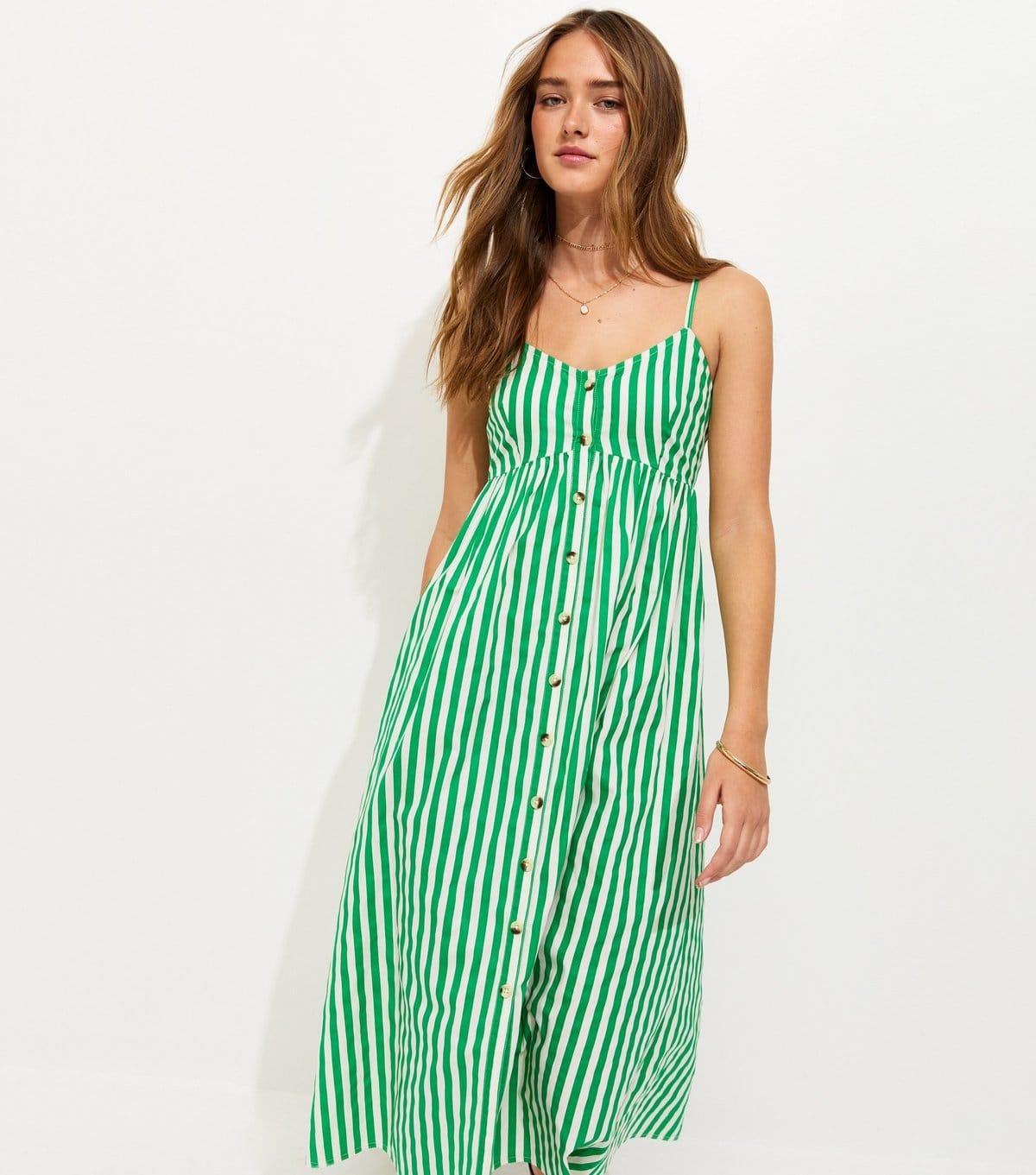 New Look Women's Green Striped Button Front V-Neck Cami Midi Dress New Look - 1