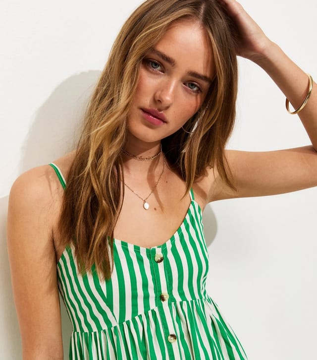 New Look Women's Green Striped Button Front V-Neck Cami Midi Dress New Look - 2