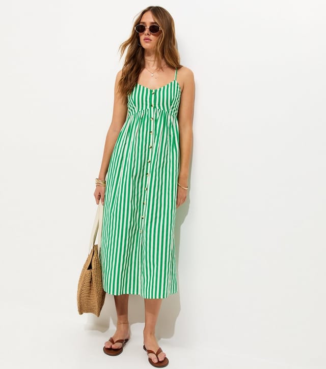 New Look Women's Green Striped Button Front V-Neck Cami Midi Dress New Look - 3