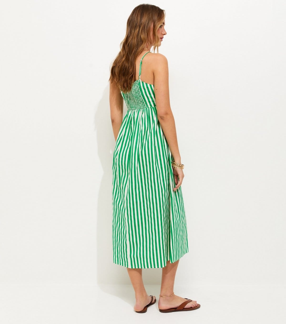 New Look Women's Green Striped Button Front V-Neck Cami Midi Dress New Look - 4