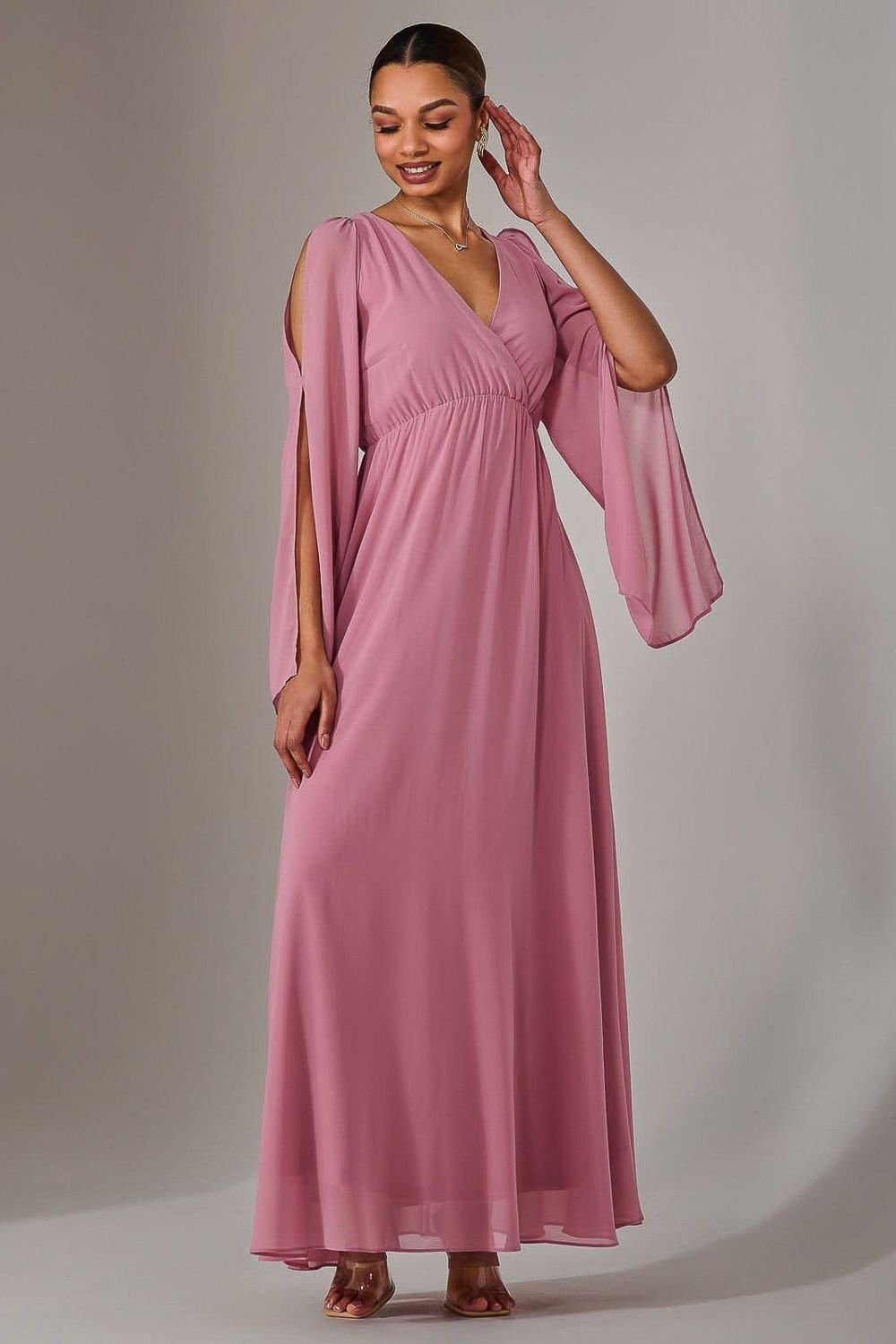 Jolie Moi Jolie Moi Women's Chiffon Cap Sleeve Maxi Dress in Dusty Pink - 4