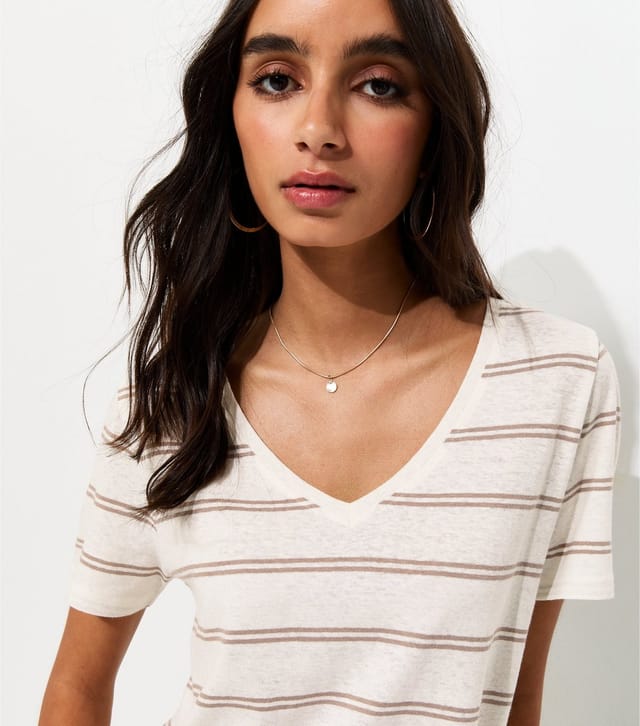 New Look Women's Premium Cream Linen Rich Striped V Neck T-Shirt New Look - 2