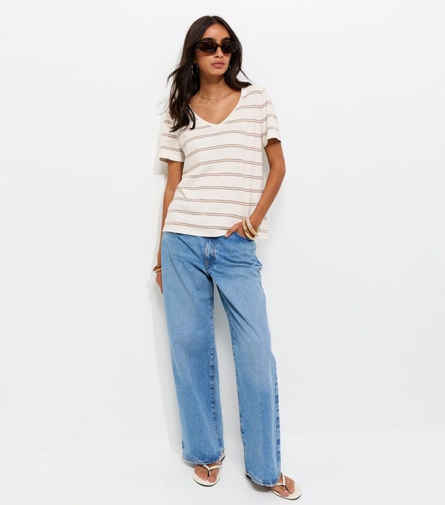 New Look Women's Premium Cream Linen Rich Striped V Neck T-Shirt New Look - 3