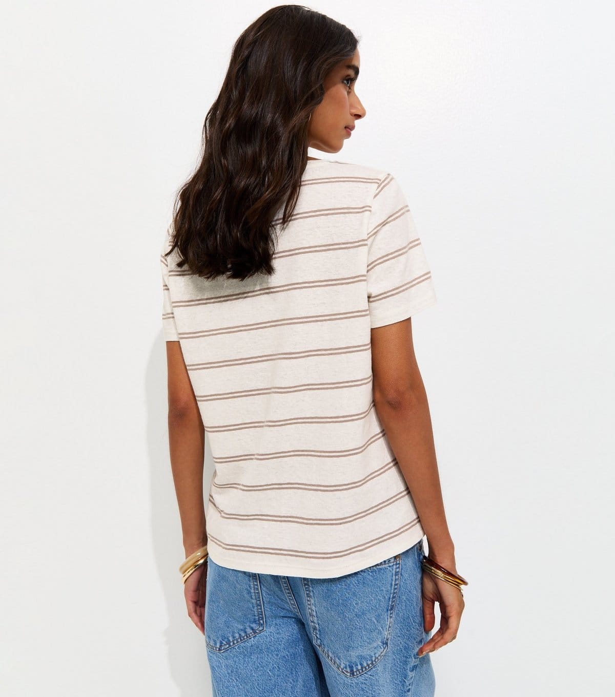 New Look Women's Premium Cream Linen Rich Striped V Neck T-Shirt New Look - 4