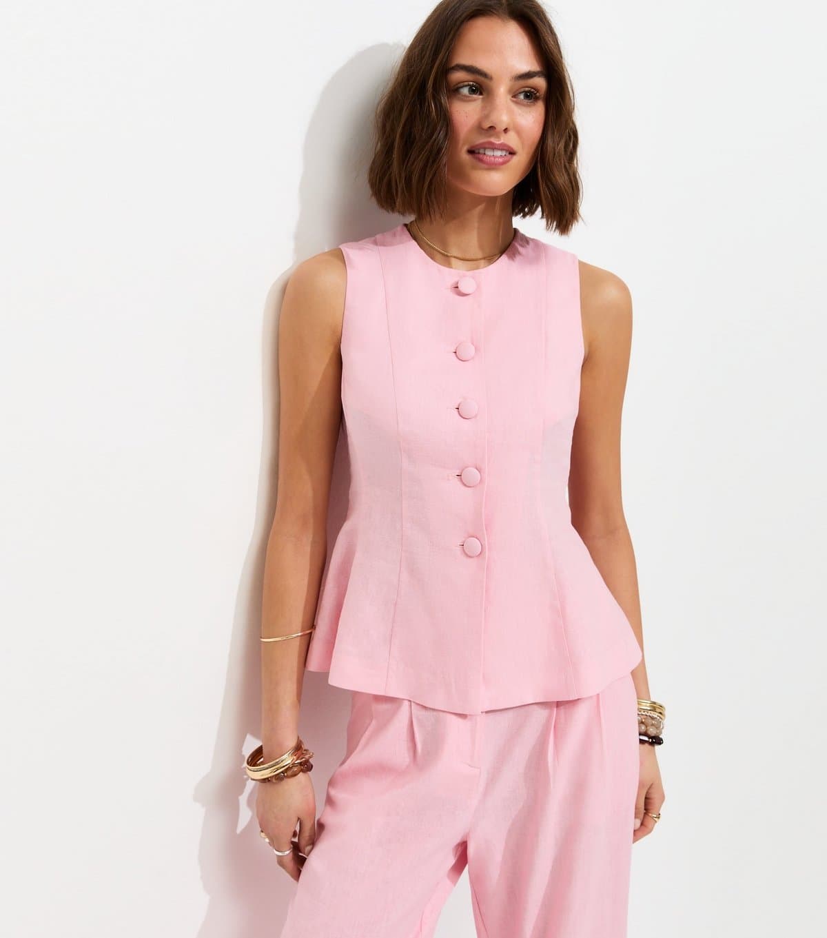 New Look Women's Light Pink Linen Rich Button Through Peplum Waistcoat New Look