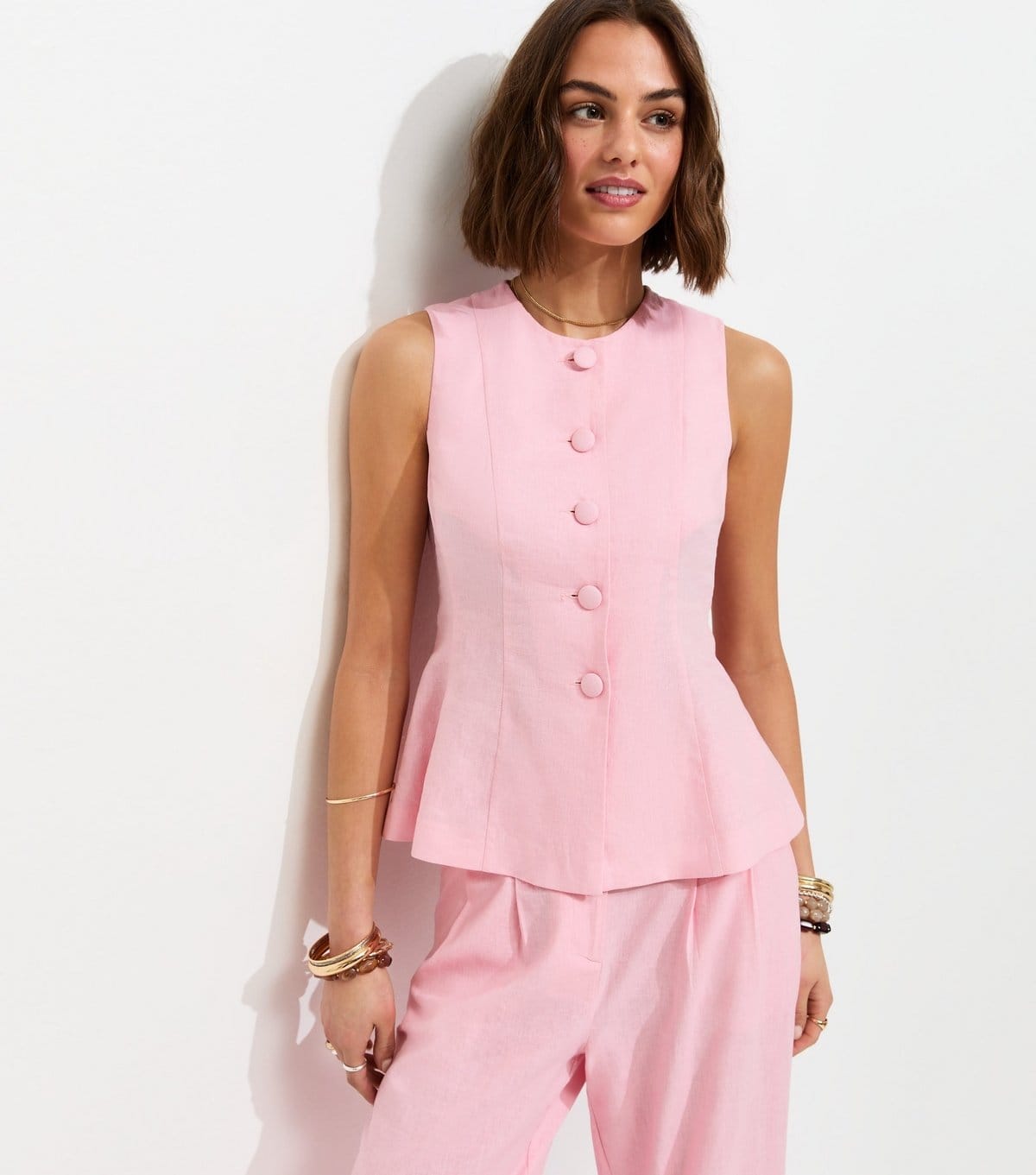 Women's Light Pink Linen Rich Button Through Peplum Waistcoat New Look