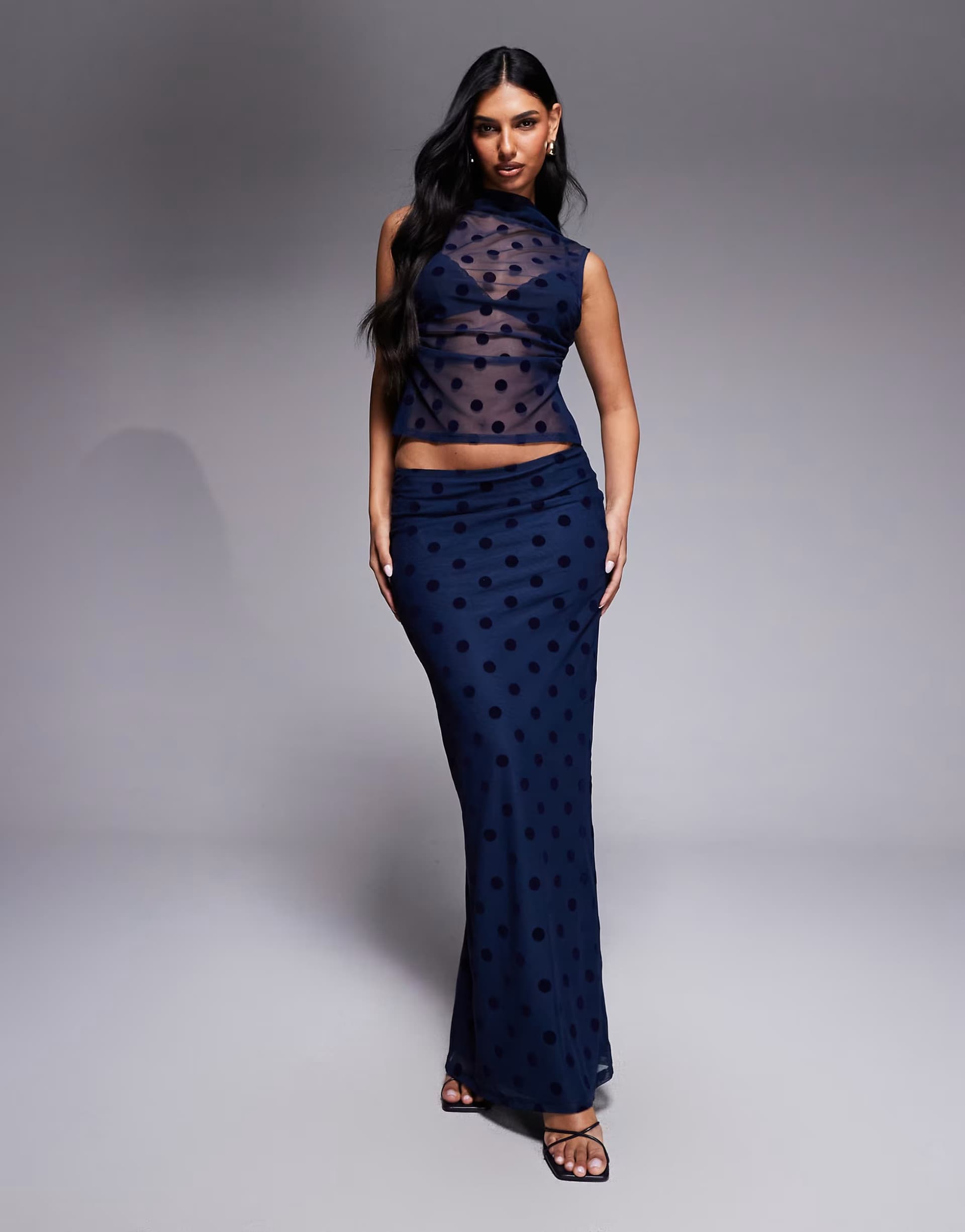 ASOS ASOS DESIGN flocked mesh low rise co ord maxi skirt in navy spot