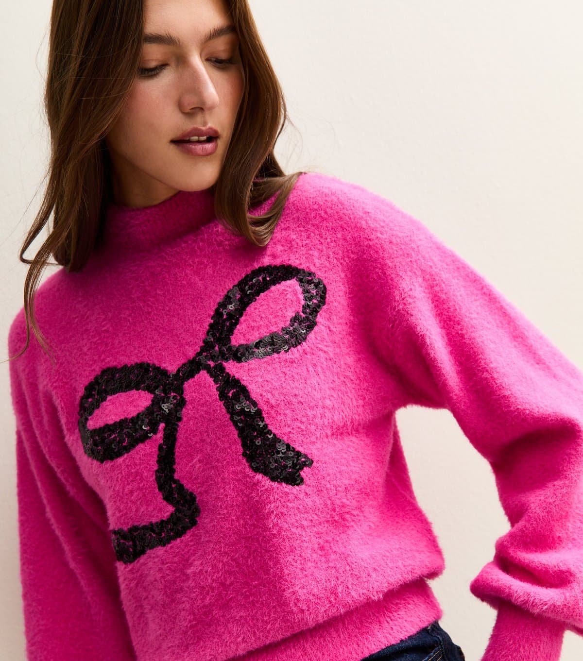 Sunshine Soul Women's Mid Pink Sequin Bow High Neck Jumper Sunshine Soul New Look