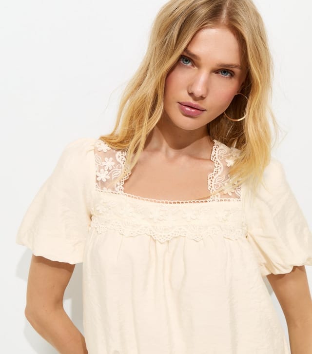 New Look Women's Cream Lace Trimmed Bubble Hem Blouse New Look - 3