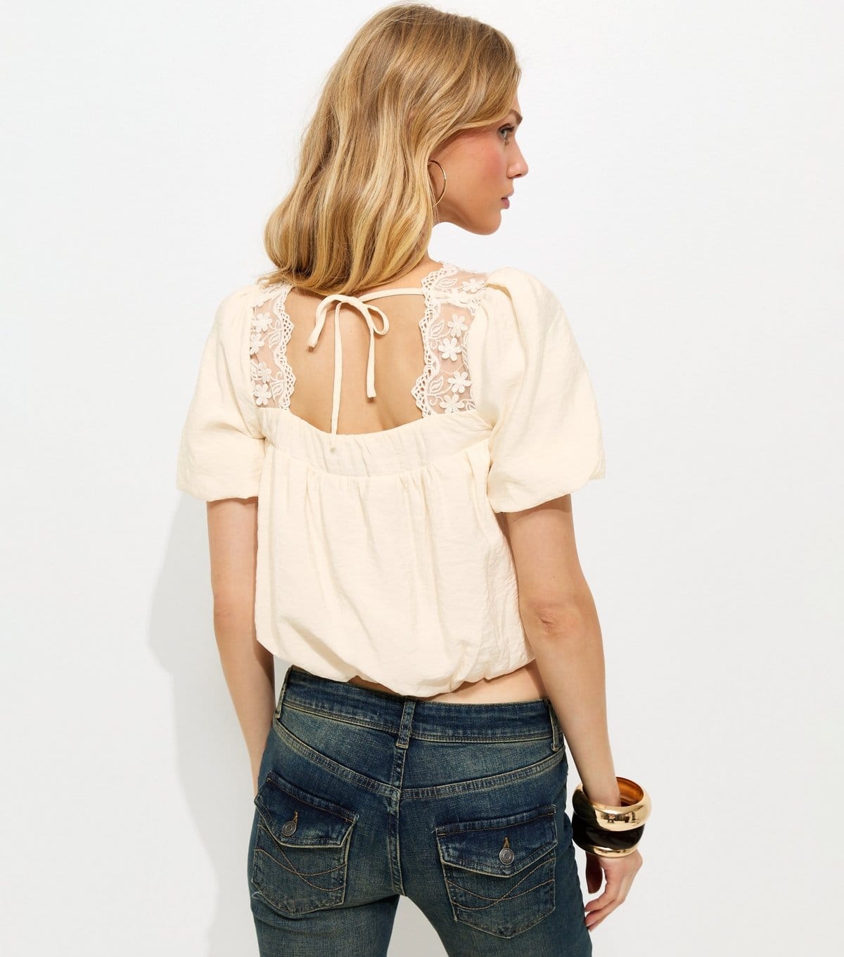 New Look Women's Cream Lace Trimmed Bubble Hem Blouse New Look - 4