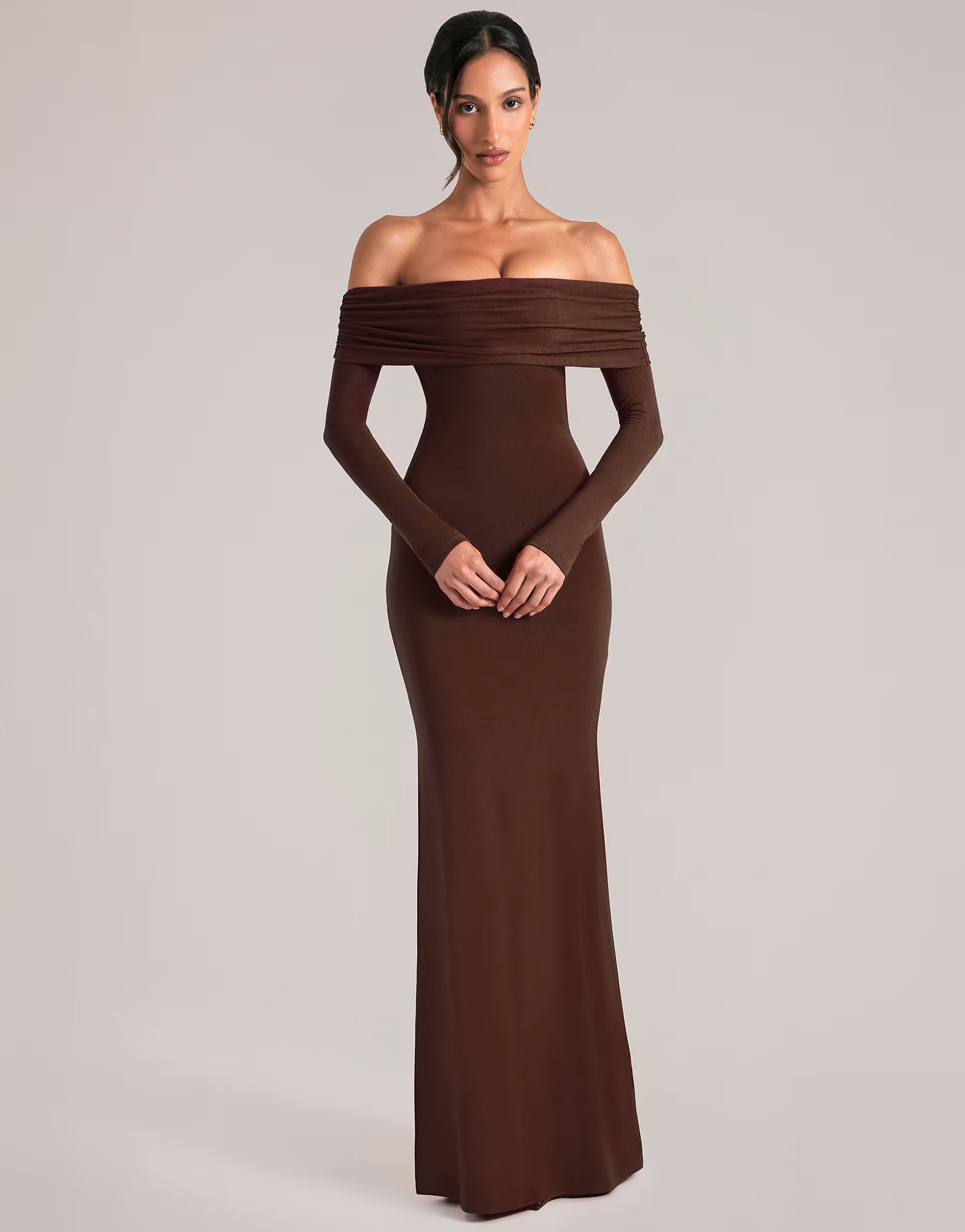 ASOS Oh Polly off shoulder cut out detail maxi dress in chocolate brown