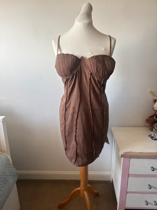 ASOS ASOS design linen corset panelled mini dress in brown size 16 BNWT