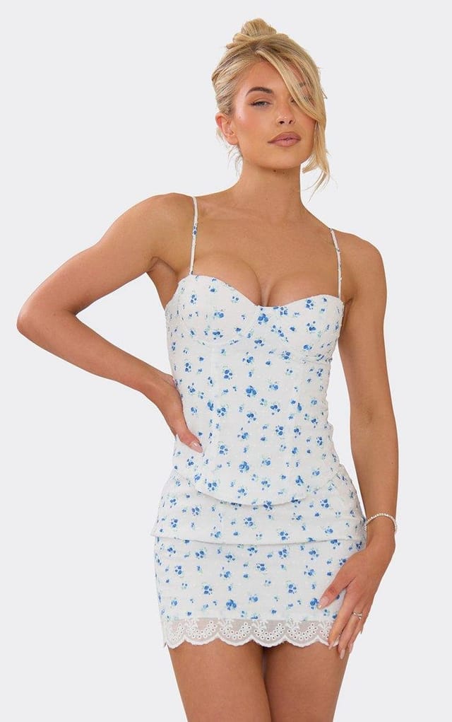 EGO Strappy Underwired Corset Top In Blue Ditsy Floral Print, Women's Size UK 6 - 2