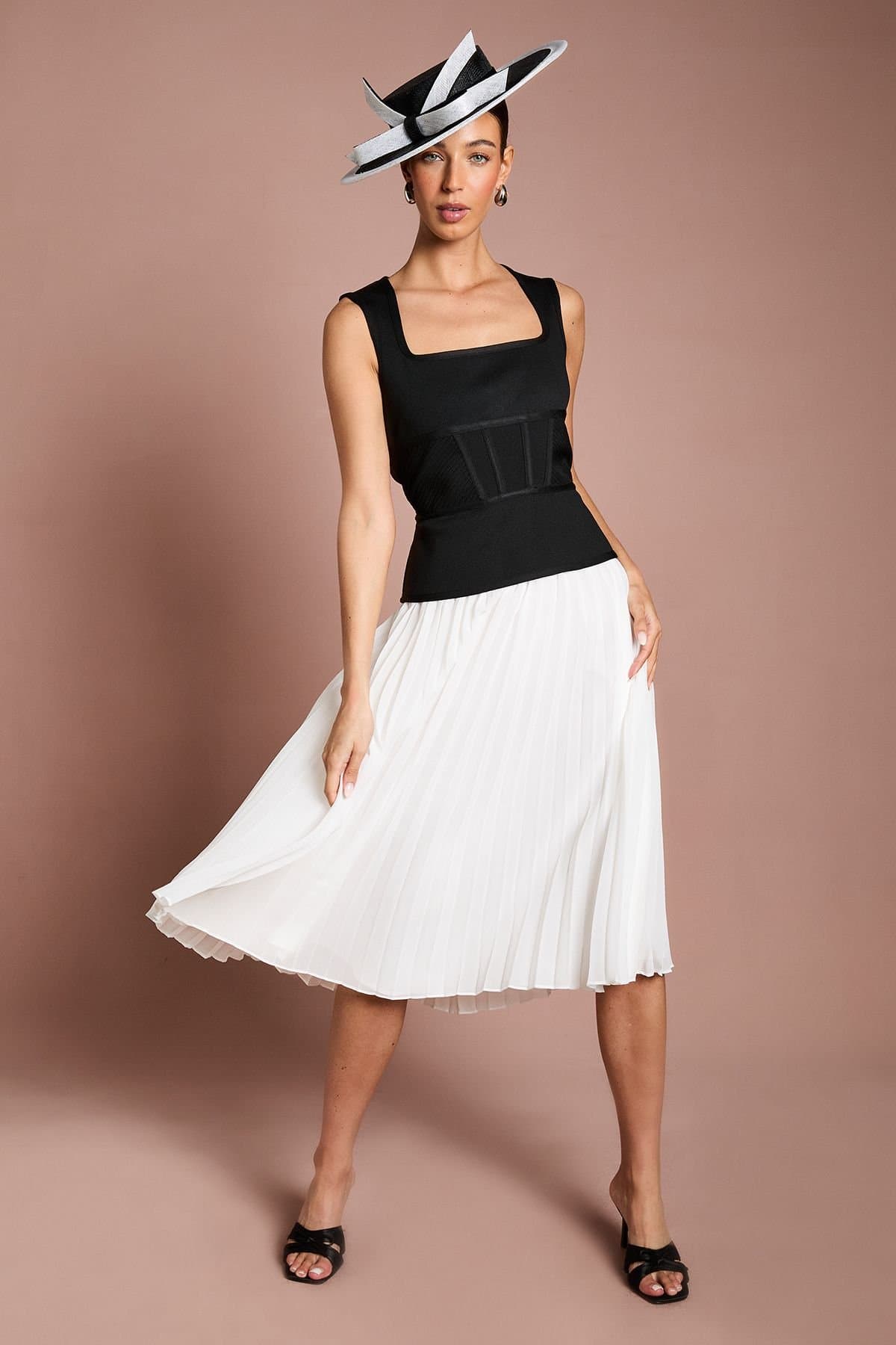 Coast Coast Women's Lisa Tan Mono Bandage Peplum Georgette Pleated Skirt Midi Dress