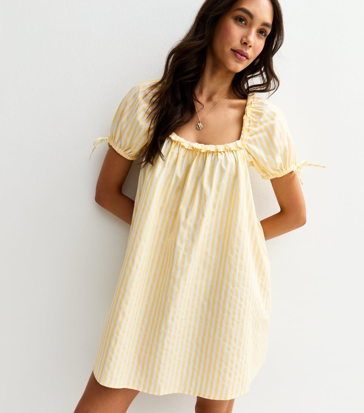 New Look Women's Yellow Stripe Print Frill Trim Square Neck Poplin Mini Dress New Look