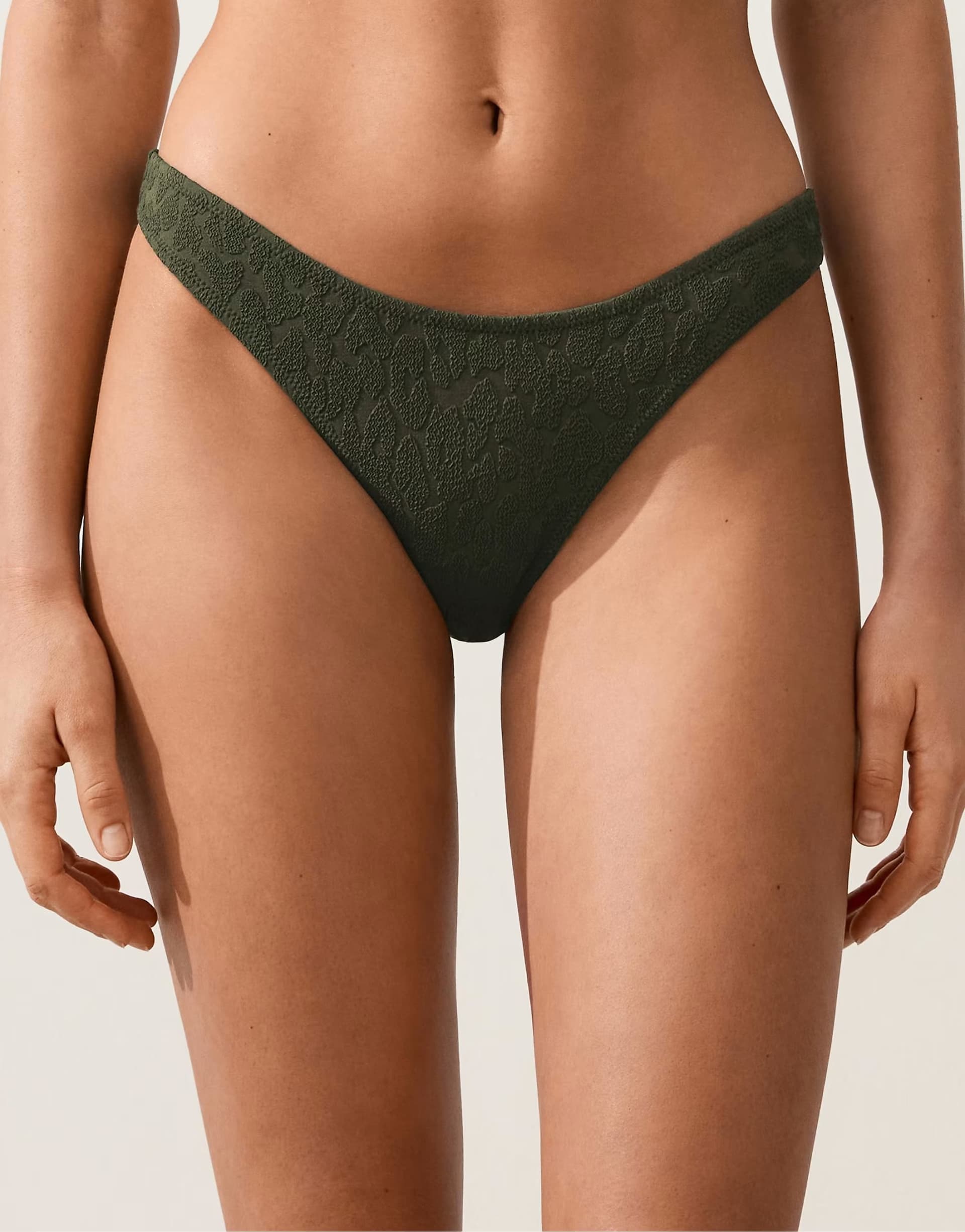 ASOS OYSHO U-cut leopard print textured brazilian bikini briefs in dark khaki