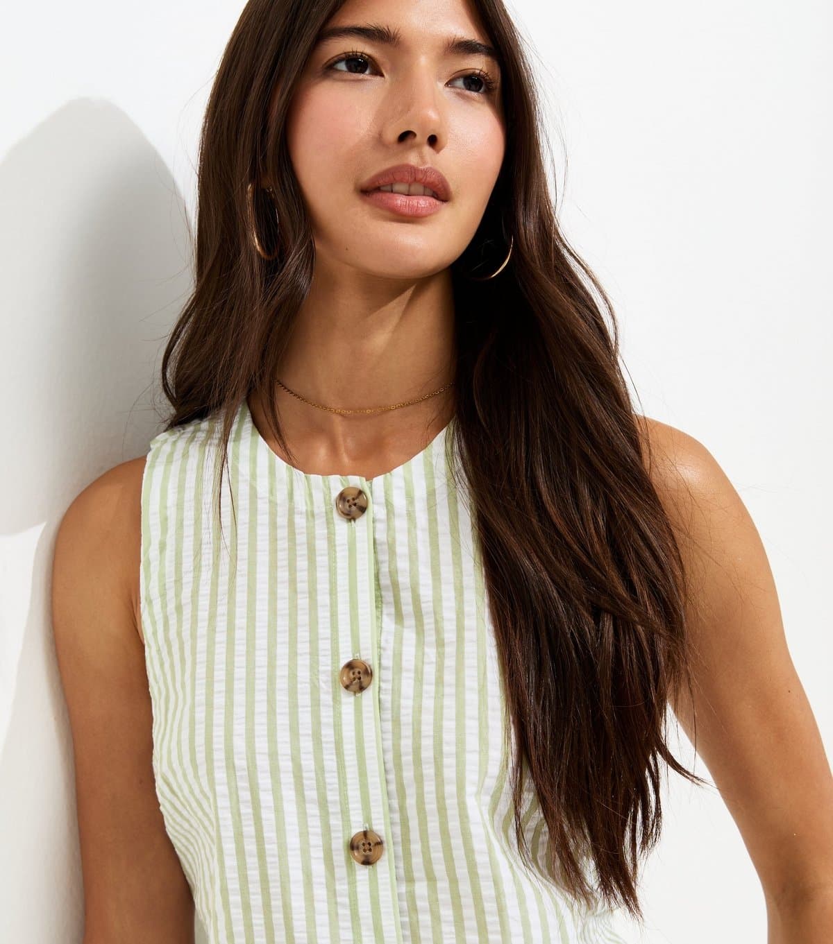 New Look Women's Green Cotton Seersucker Stripe Button Front Sleeveless Top New Look