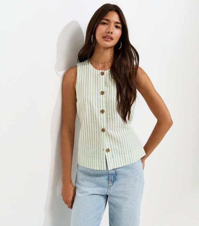 New Look Women's Green Cotton Seersucker Stripe Button Front Sleeveless Top New Look - 2