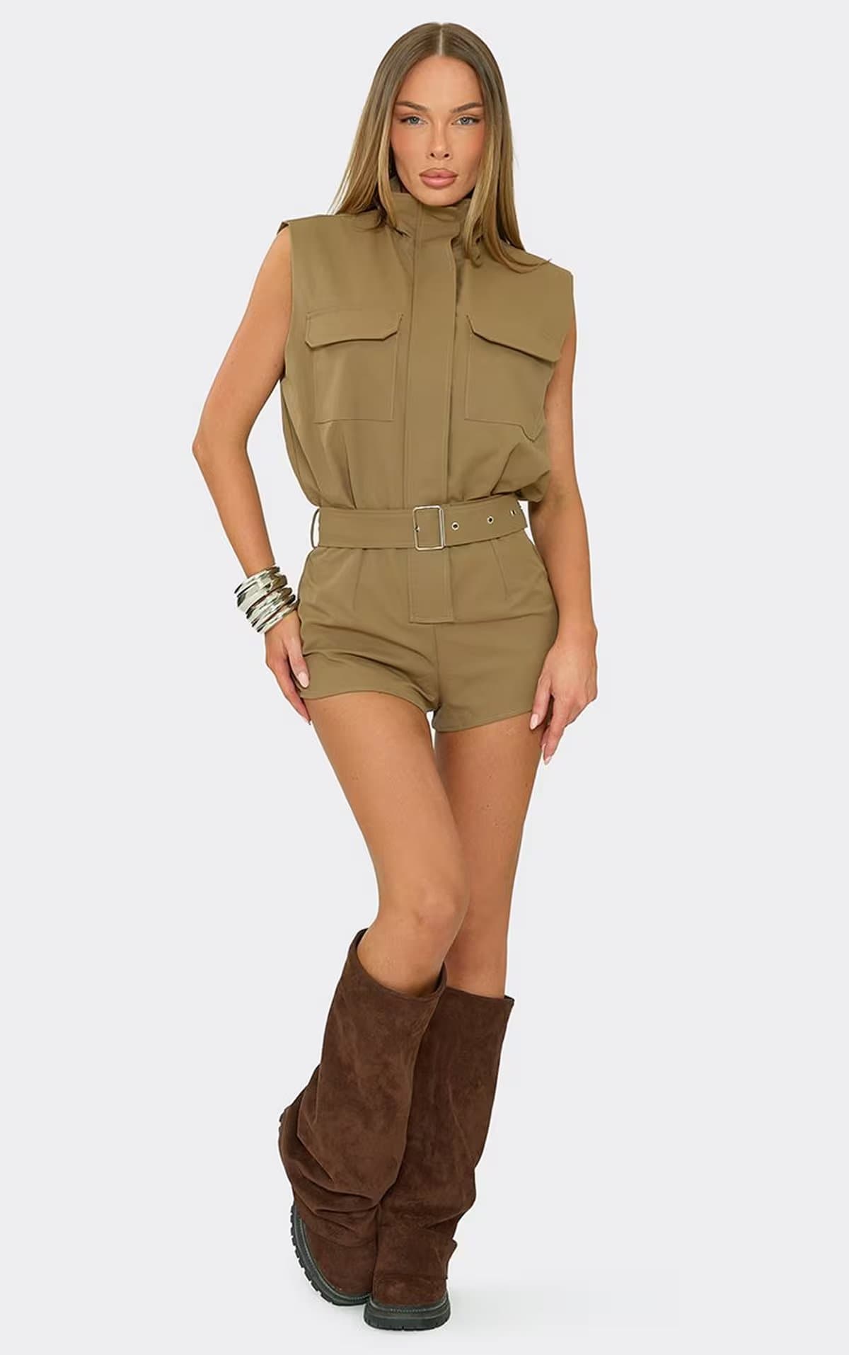 EGO Sleeveless Funnel Neck Pocket Detail Belted Trench Playsuit In Khaki, Women's Size UK 6